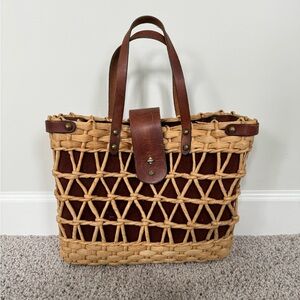 Vintage 60s 70s JOHN ROMAIN Woven Rattan Leather Satchel Tote Bag Handbag RARE